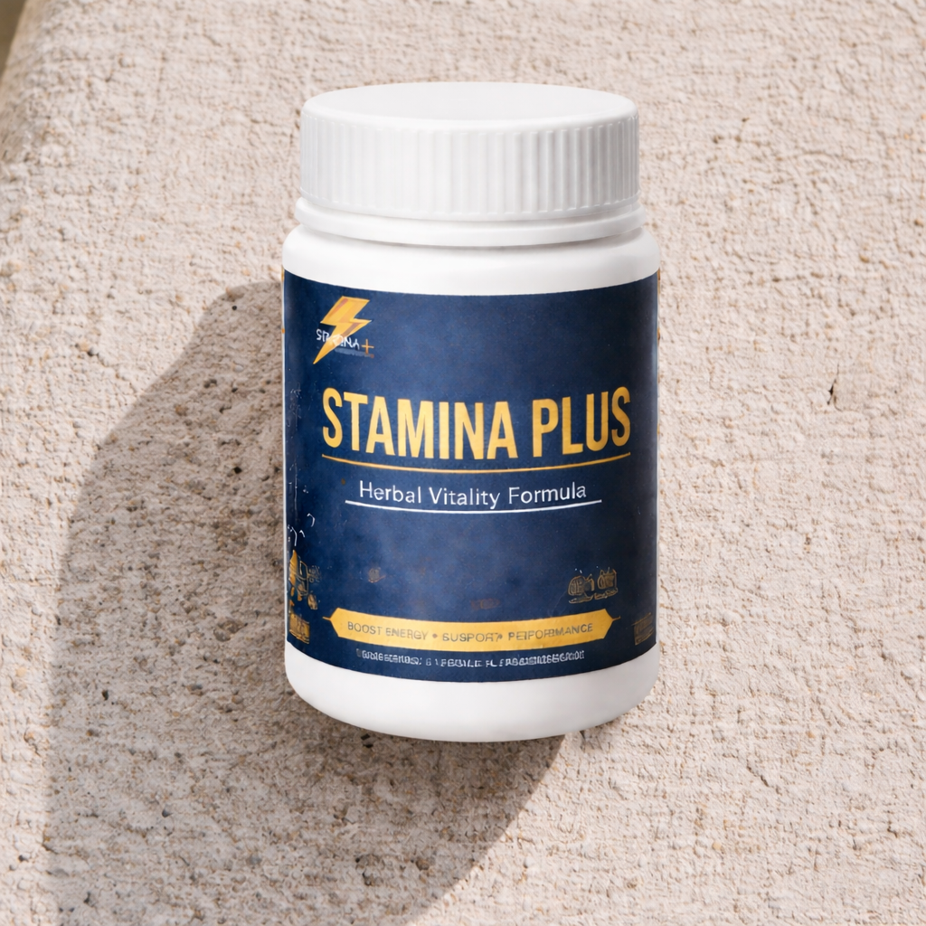 “Stamina Plus herbal vitality supplement bottle with blue label for men’s energy and performance, placed on a textured background with natural lighting”