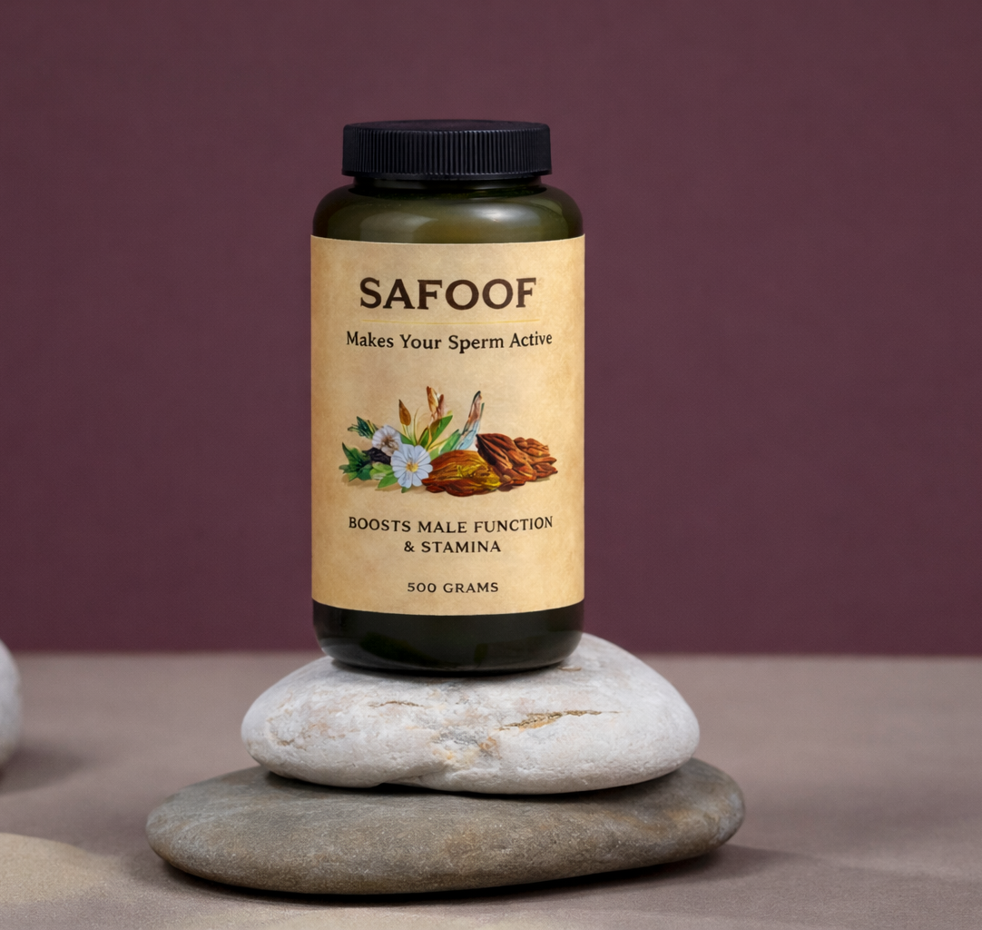 “Safoof herbal powder supplement bottle placed on stacked stones, labeled for male stamina and vitality support with natural ingredients illustration”