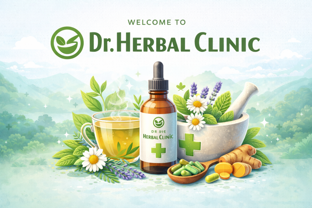 Dr. Herbal Clinic homepage illustration with herbal medicine bottle, tea cup, mortar and pestle, and fresh natural herbs