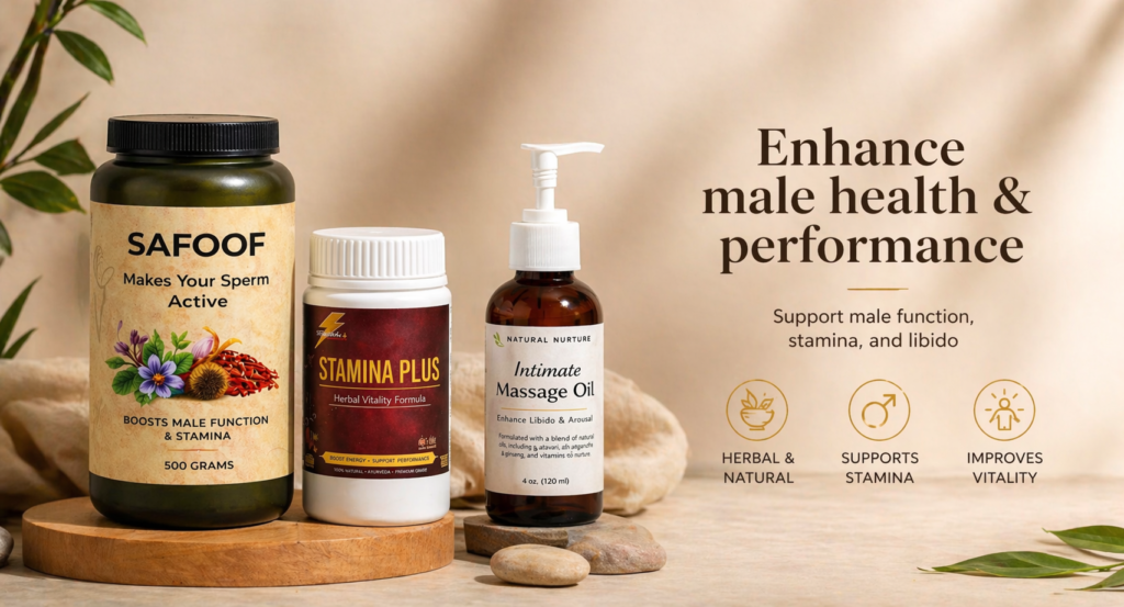 Natural herbal supplements for male health and performance including Safoof powder, Stamina Plus capsules, and intimate massage oil displayed on a beige background with natural elements.