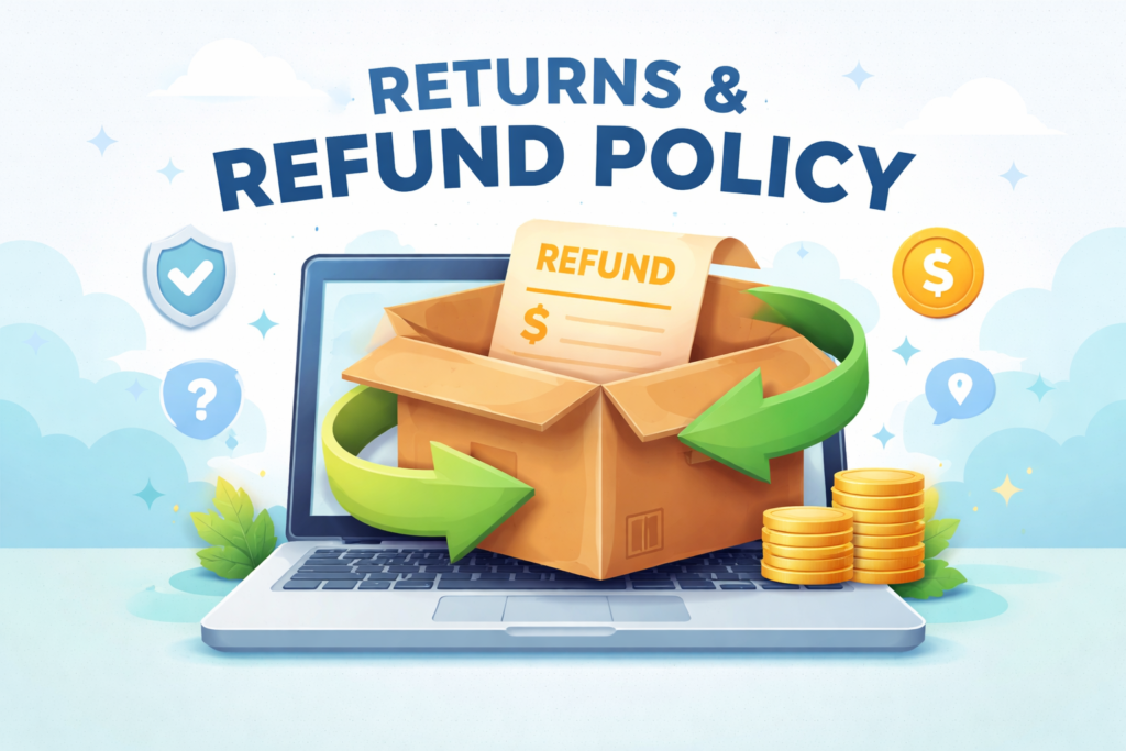 Returns and refund policy illustration showing an open box with a refund document on a laptop, surrounded by money icons and circular arrows
