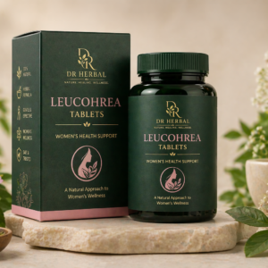 Dr Herbal Leucohrea tablets premium packaging with herbal elements for women’s health support