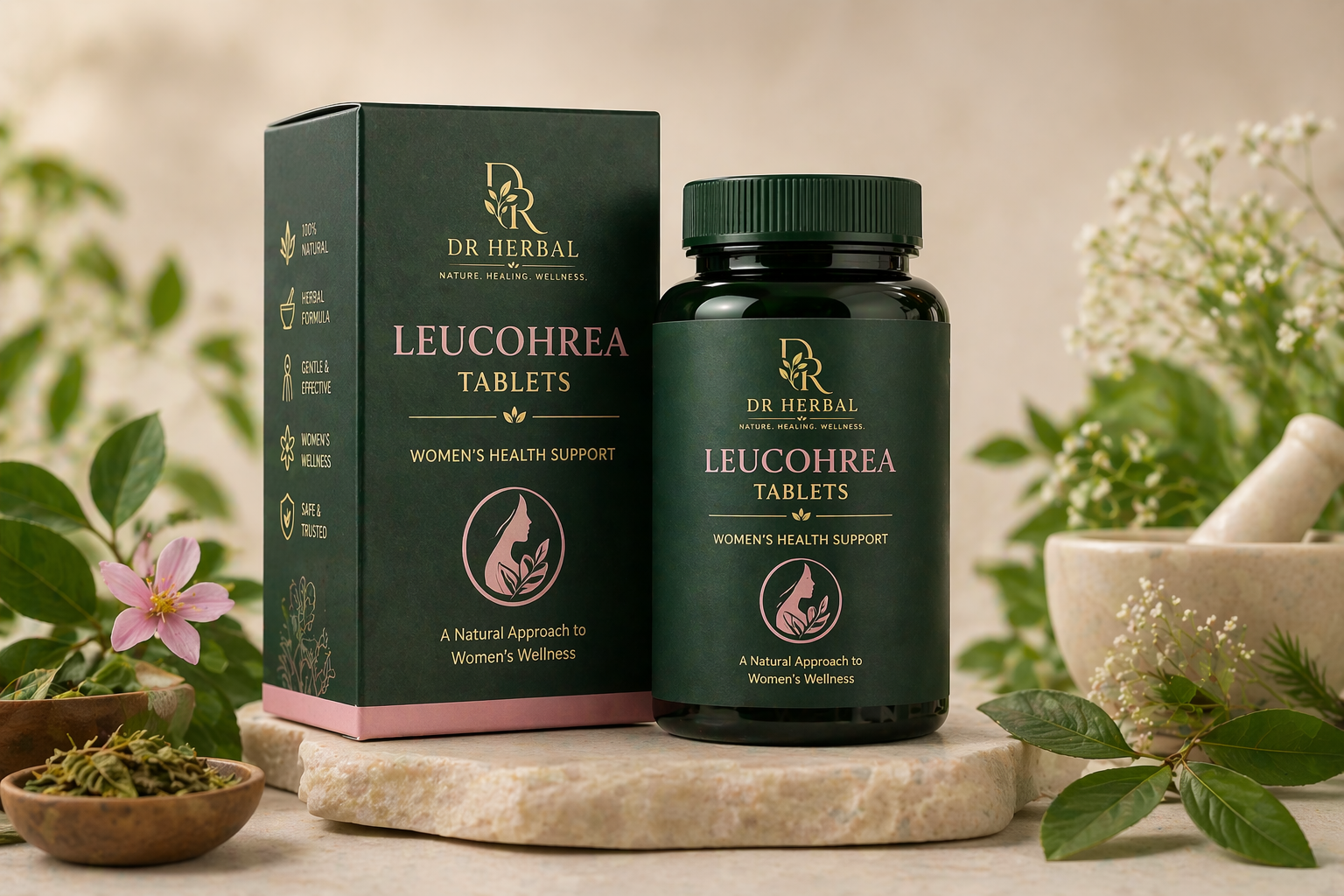 Dr Herbal Leucohrea tablets premium packaging with herbal elements for women’s health support