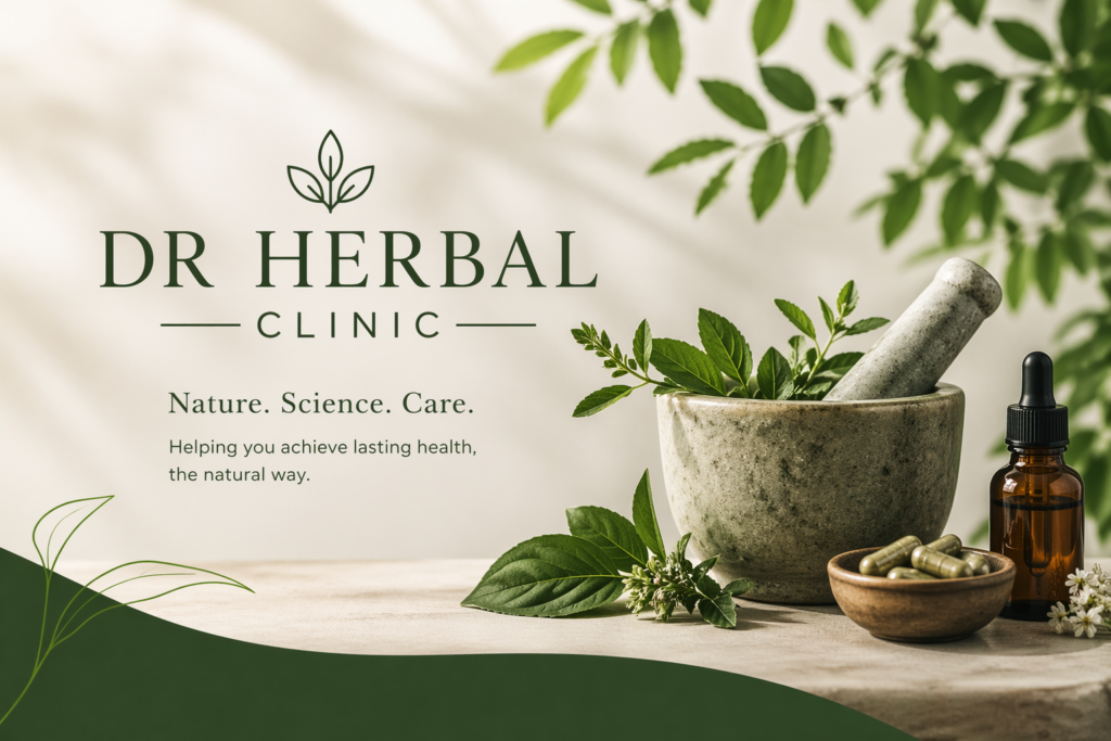 Dr Herbal Clinic branding image with herbal mortar, leaves, capsules, and dropper bottle on a natural beige background