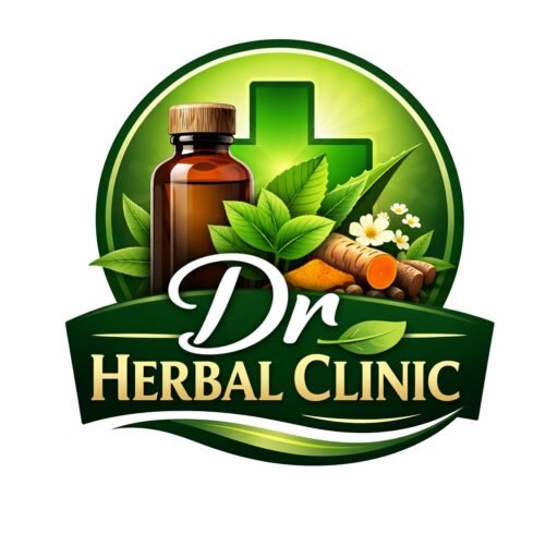 Logo of Dr Herbal Clinic featuring a brown medicine bottle, green leaves, herbs, and a green medical cross symbol.