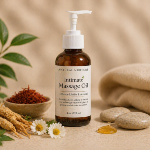 Intimate massage oil bottle with natural herbs, flowers, and spa elements displayed on a warm beige background.