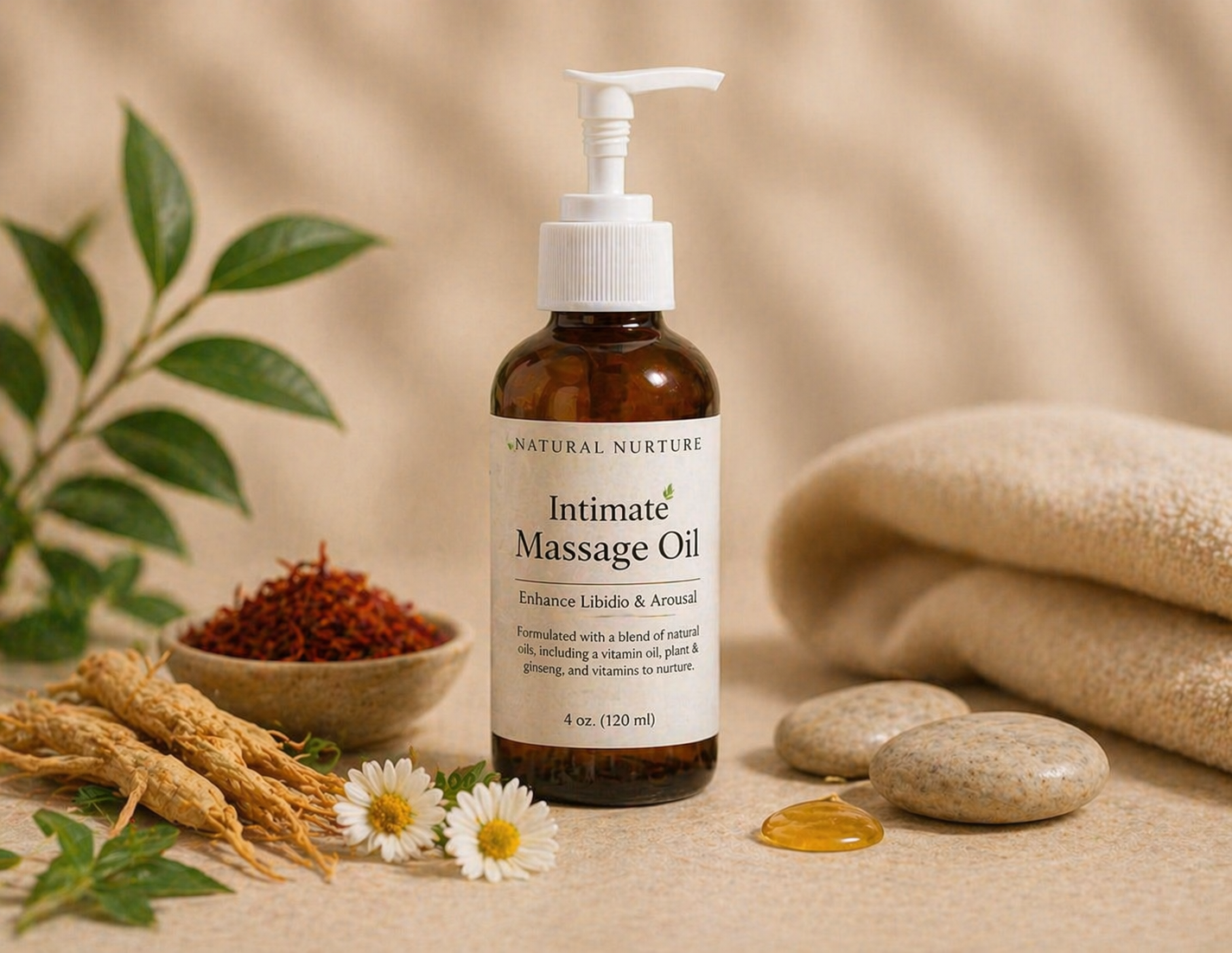 Intimate massage oil bottle with natural herbs, flowers, and spa elements displayed on a warm beige background.