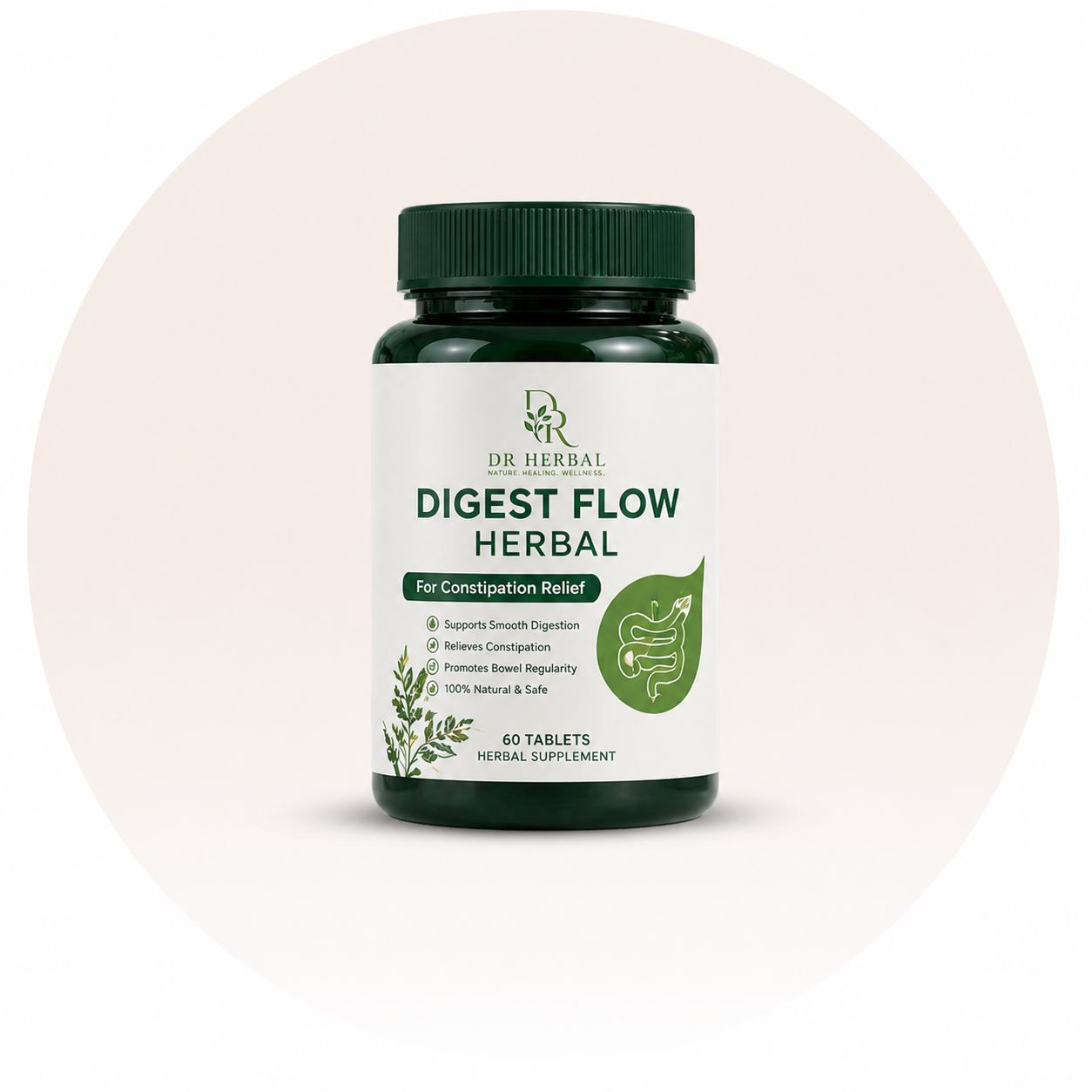 Digest Flow Herbal supplement bottle in round background for constipation relief with natural herbal formula
