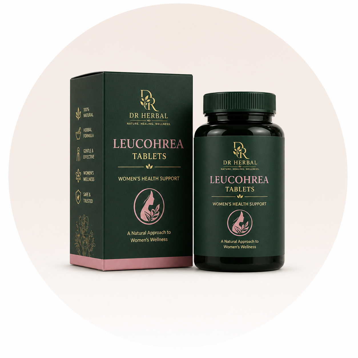 Leucorrhea Tablets herbal supplement bottle in round background for women’s health and vaginal discharge support