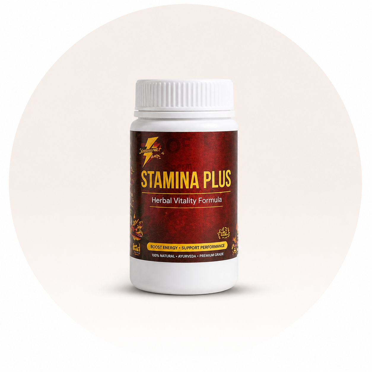 Stamina Plus herbal supplement bottle in round background for energy stamina and performance support