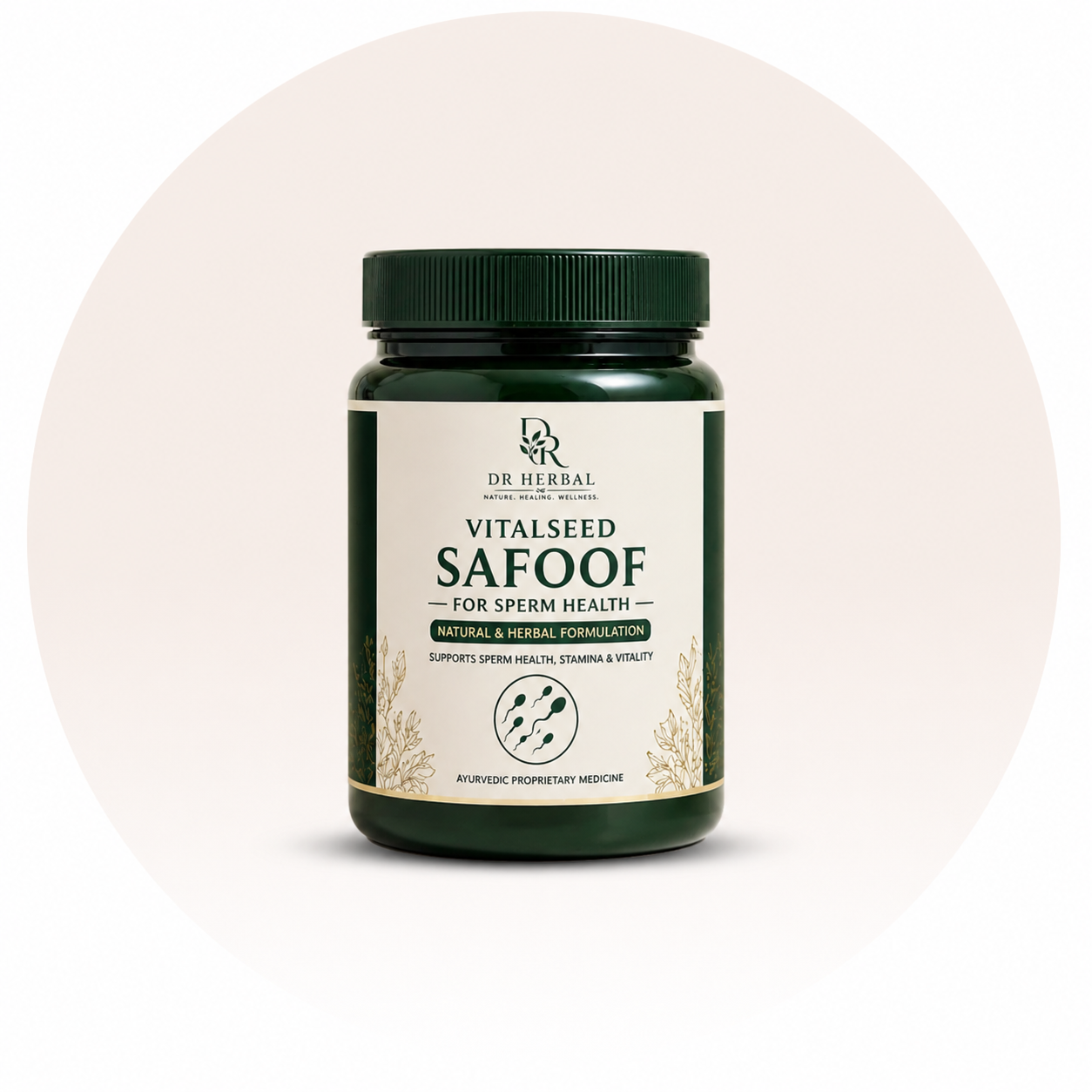 Vitalseed Safoof herbal powder supplement in round background for sperm health stamina and vitality support